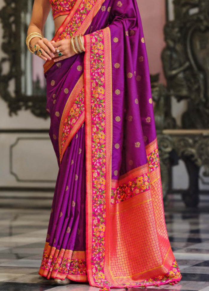 Purple Banarasi Silk Saree With Blouse Piece