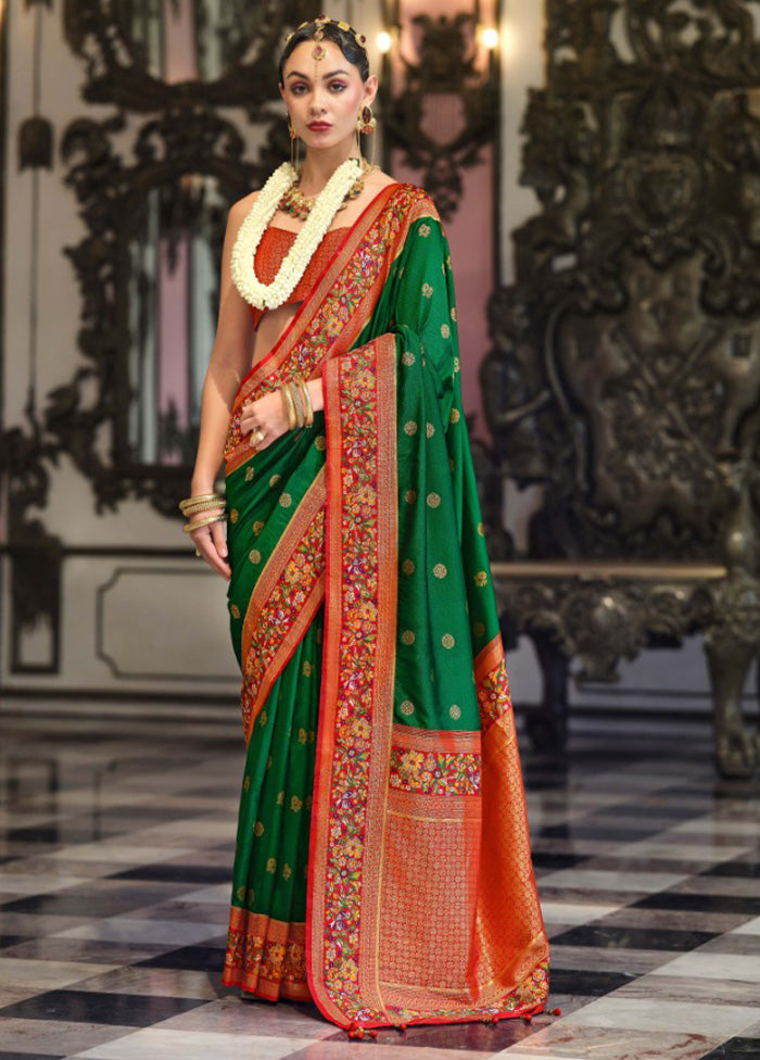 Dark Green Banarasi Silk Saree With Blouse Piece