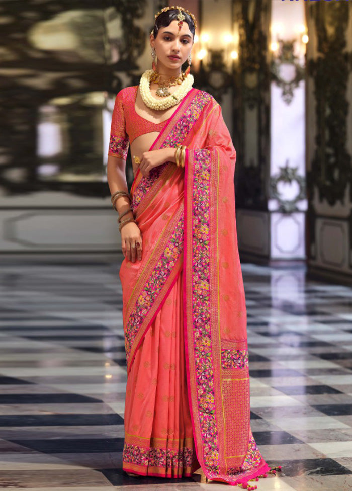 Pink Banarasi Silk Saree With Blouse Piece