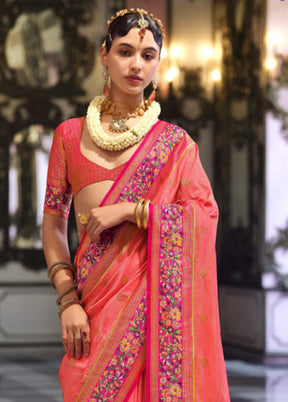 Pink Banarasi Silk Saree With Blouse Piece