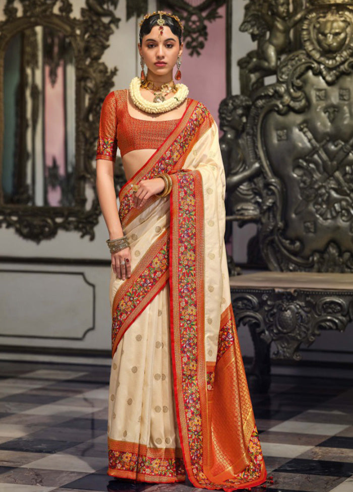 Cream Banarasi Silk Saree With Blouse Piece