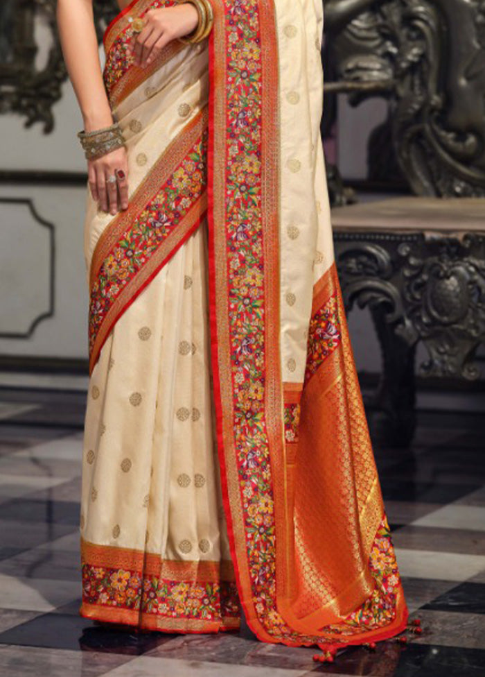 Cream Banarasi Silk Saree With Blouse Piece