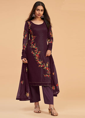 3 Pc Wine Semi Stitched Georgette Suit Set