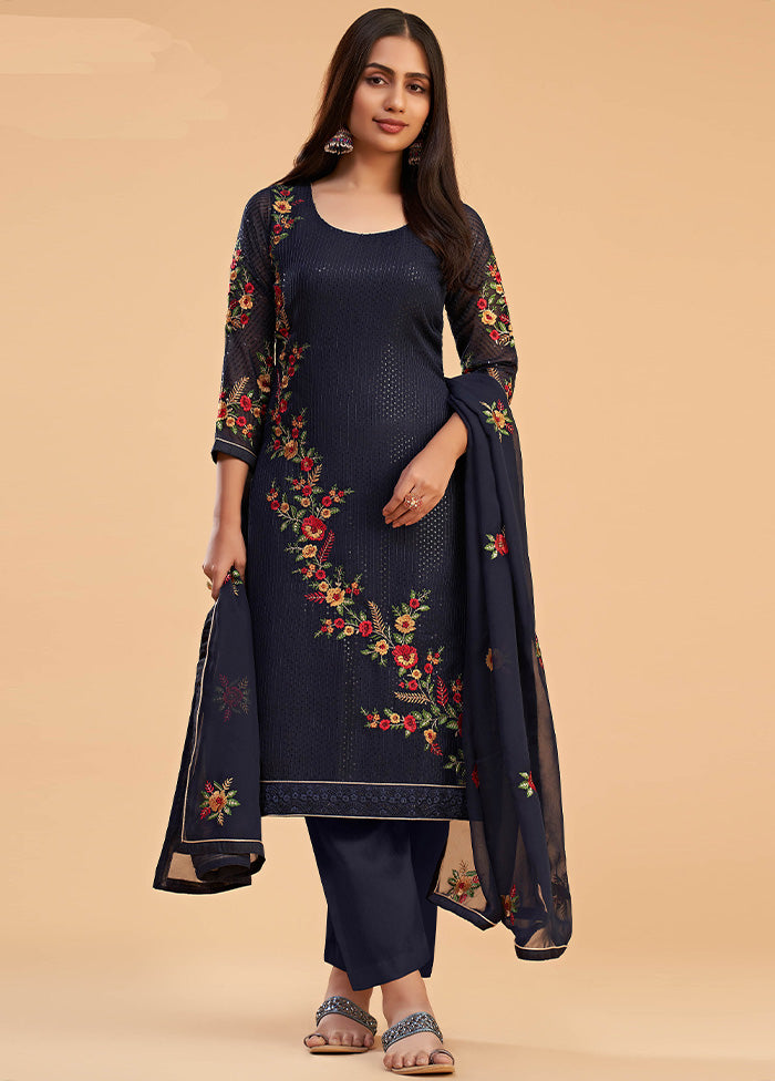 3 Pc Navy Blue Semi Stitched Georgette Suit Set