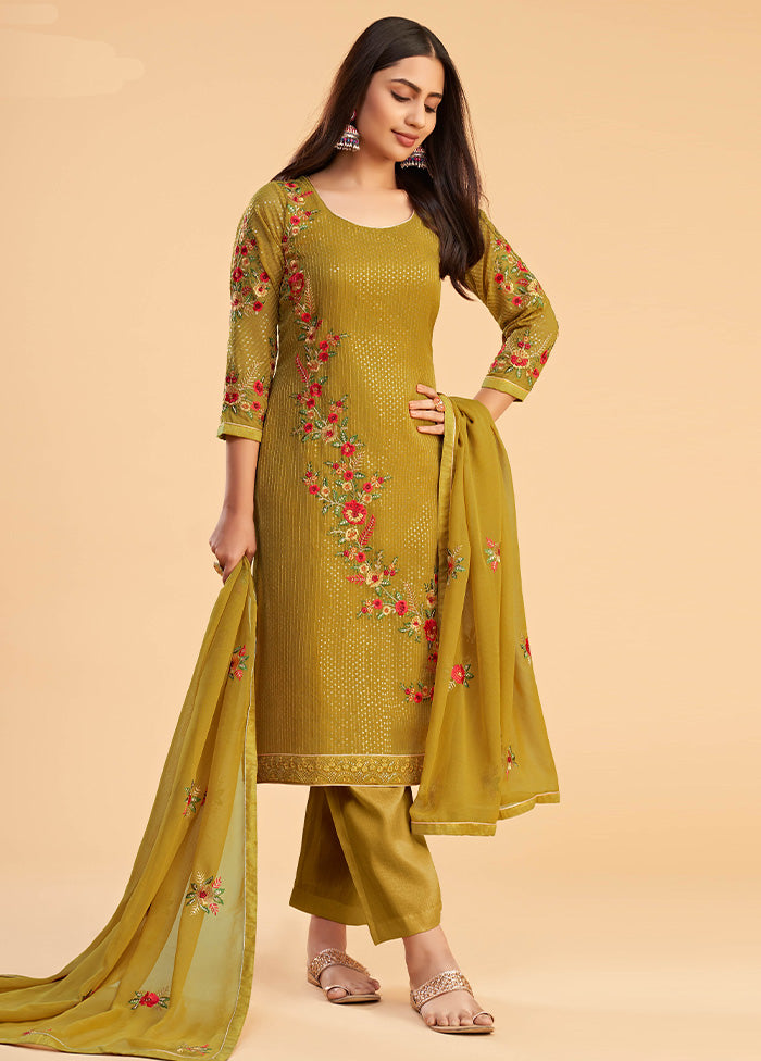 3 Pc Mustard Semi Stitched Georgette Suit Set