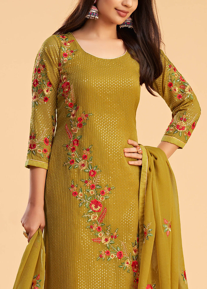 3 Pc Mustard Semi Stitched Georgette Suit Set