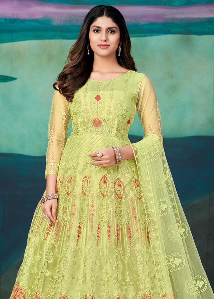 3 Pc Light Yellow Semi Stitched Net Suit Set