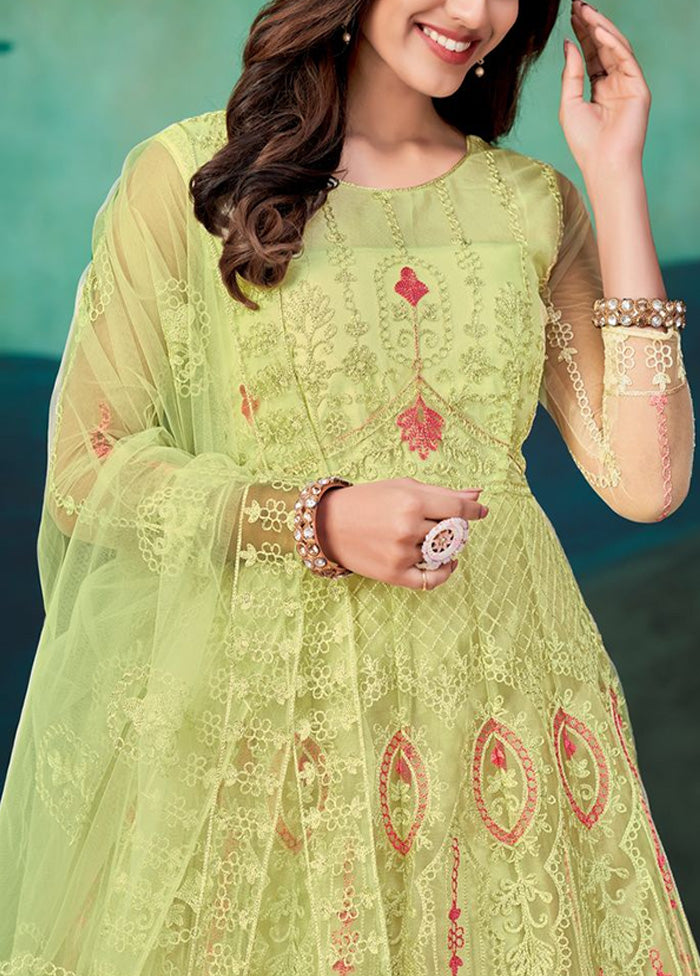 3 Pc Light Yellow Semi Stitched Net Suit Set