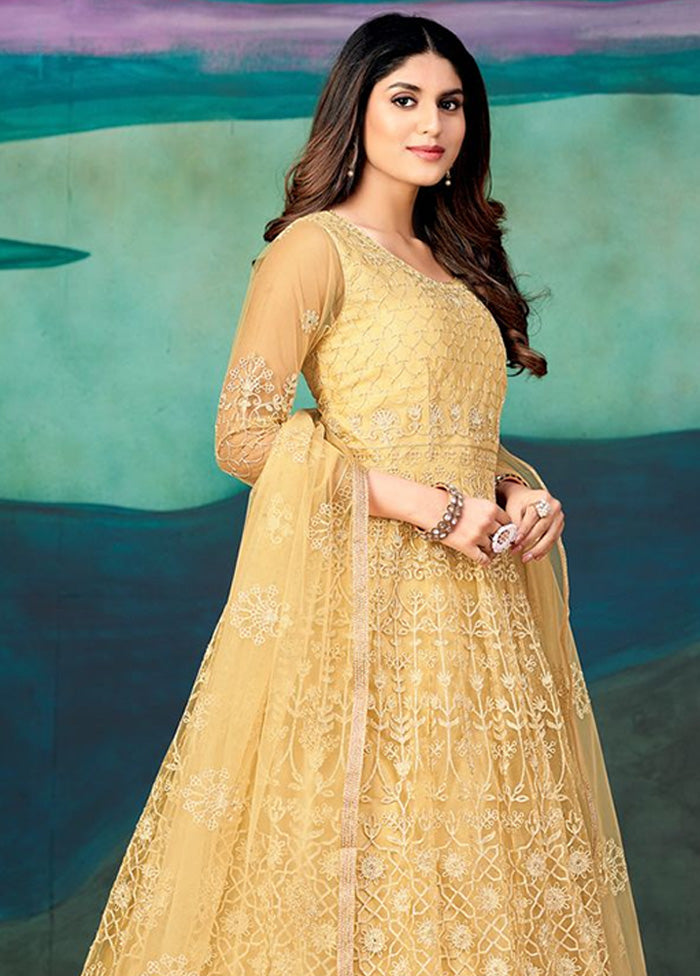 3 Pc Cream Semi Stitched Net Suit Set