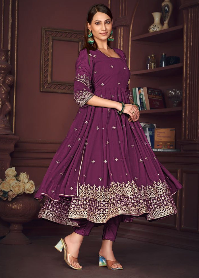 3 Pc Purple Semi Stitched Georgette Suit Set