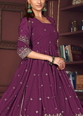 3 Pc Purple Semi Stitched Georgette Suit Set