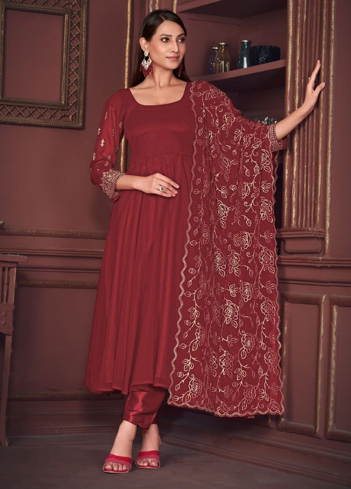 3 Pc Maroon Semi Stitched Georgette Suit Set