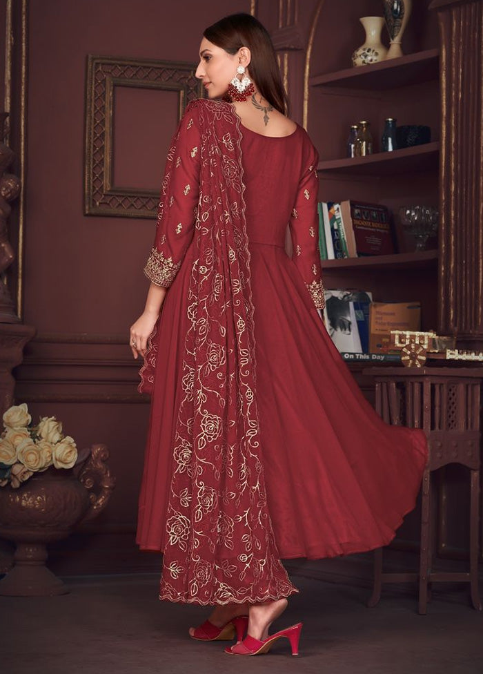 3 Pc Maroon Semi Stitched Georgette Suit Set