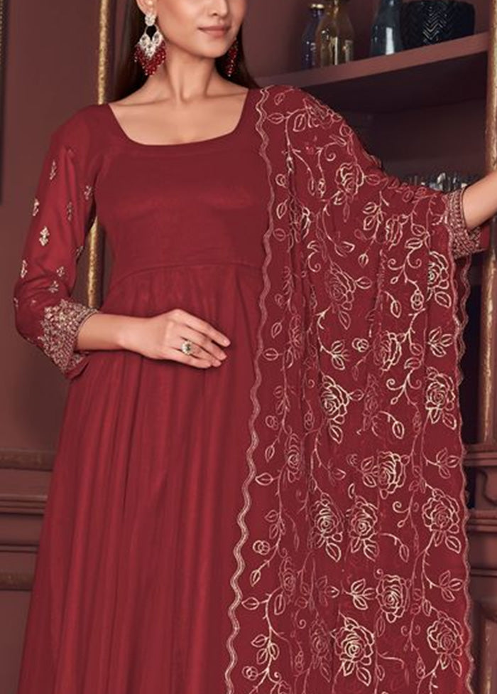 3 Pc Maroon Semi Stitched Georgette Suit Set