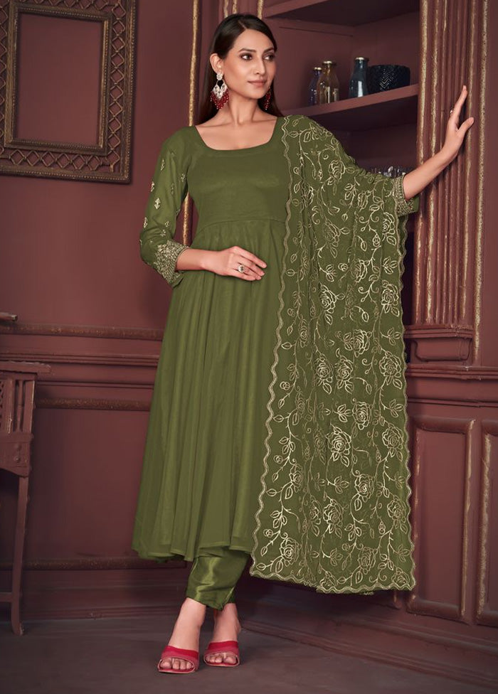 3 Pc Mehendi Semi Stitched Georgette Suit Set