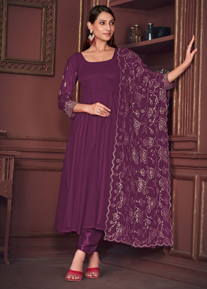 3 Pc Purple Semi Stitched Georgette Suit Set