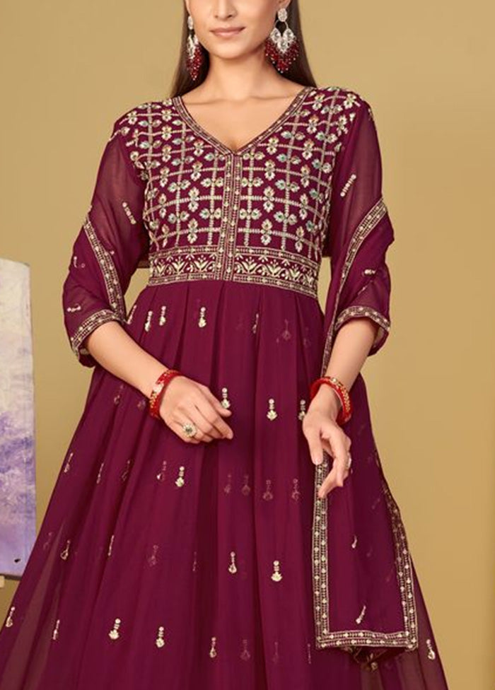 3 Pc Dark Pink Semi Stitched Georgette Suit Set