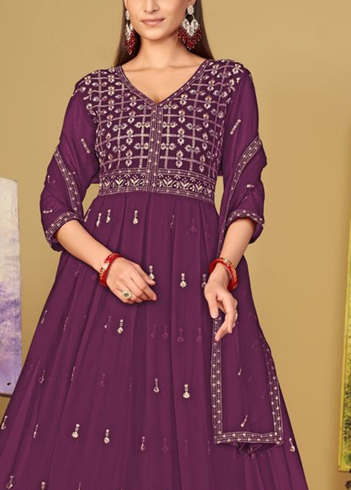 3 Pc Purple Semi Stitched Georgette Suit Set