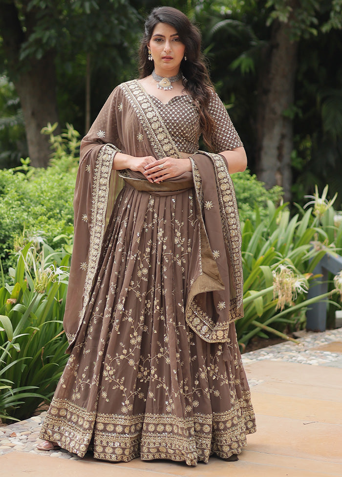 3 Pc Beige Silk Semi Stitched Lehenga Set