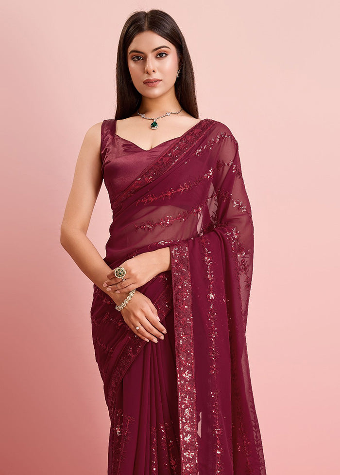 Maroon Georgette Saree With Blouse Piece