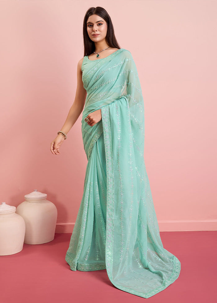 Mint Green Georgette Saree With Blouse Piece