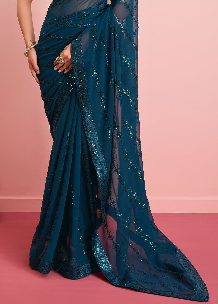 Teal Georgette Saree With Blouse Piece