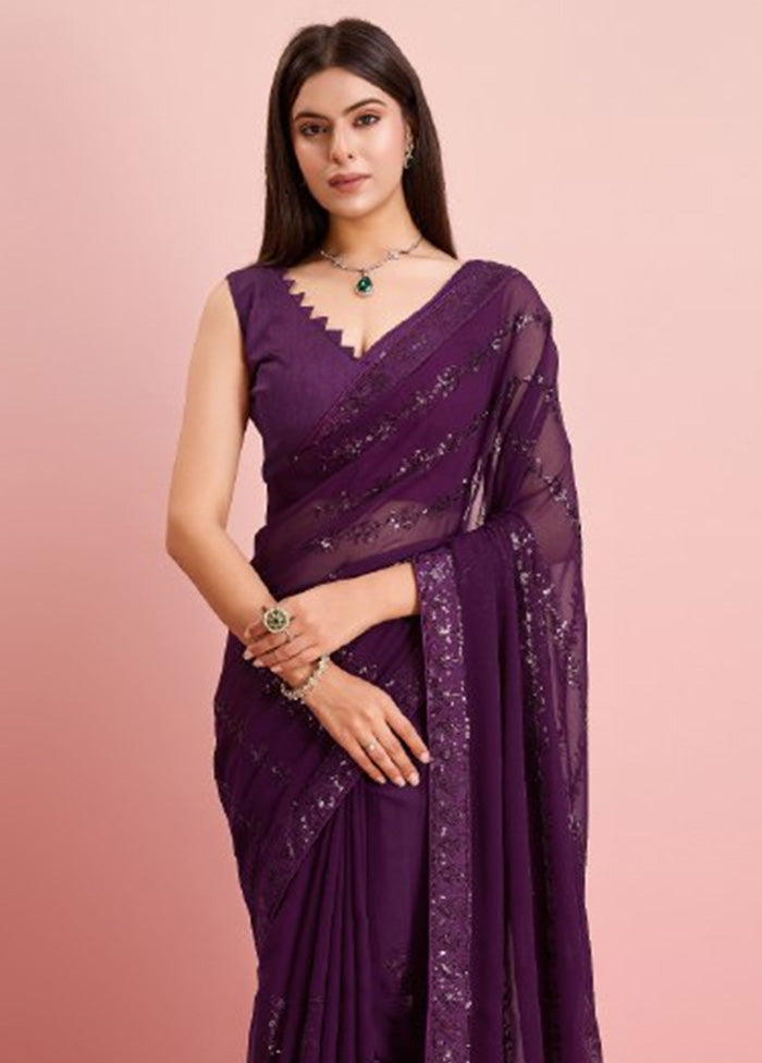 Wine Georgette Saree With Blouse Piece