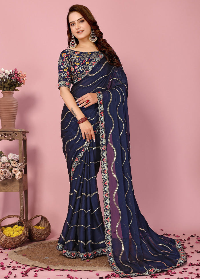 Navy Blue Spun Silk Saree With Blouse Piece