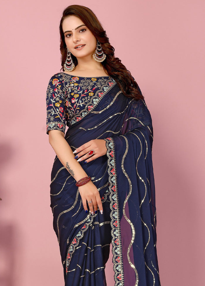 Navy Blue Spun Silk Saree With Blouse Piece