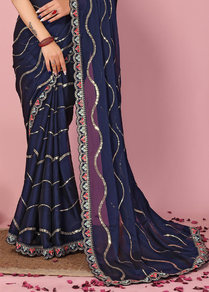 Navy Blue Spun Silk Saree With Blouse Piece