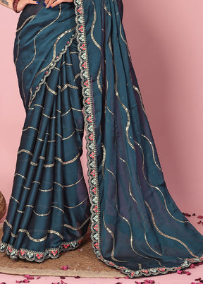 Teal Spun Silk Saree With Blouse Piece