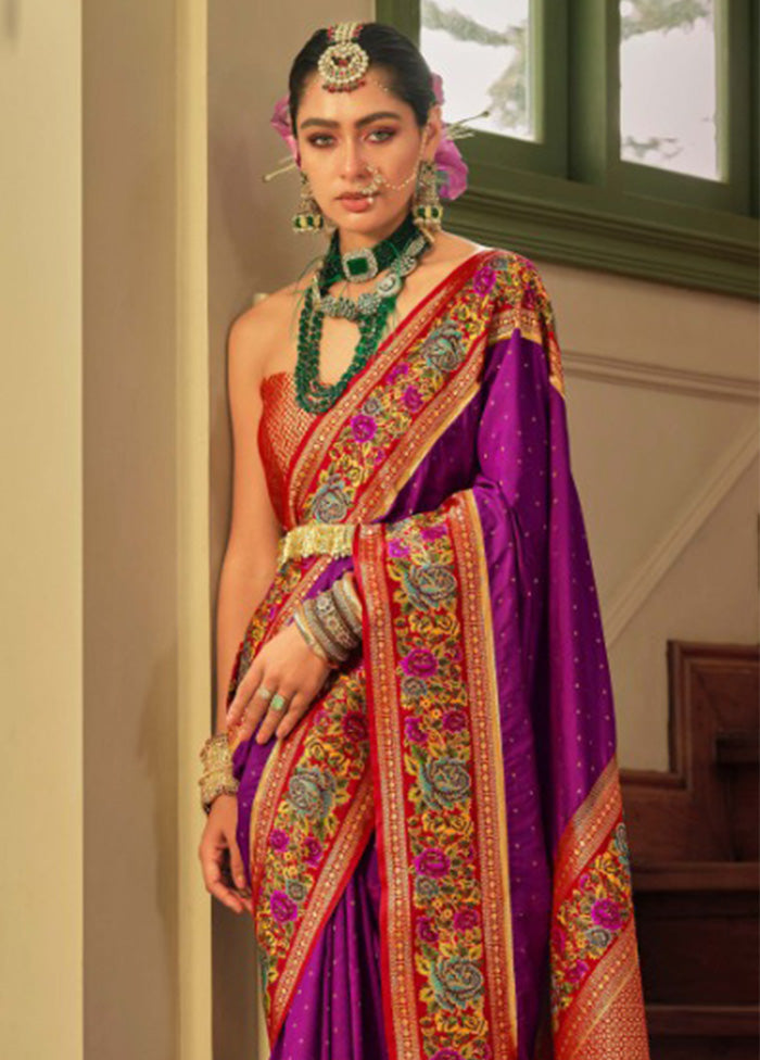 Purple Banarasi Silk Saree With Blouse Piece