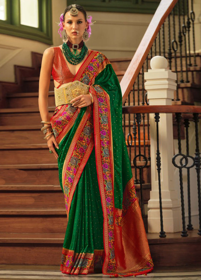 Green Banarasi Silk Saree With Blouse Piece