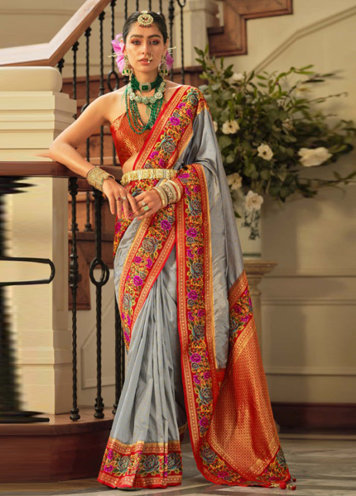 Grey Banarasi Silk Saree With Blouse Piece