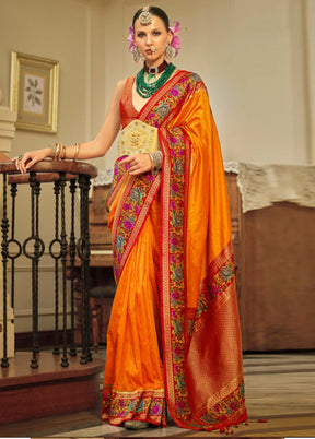 Orange Banarasi Silk Saree With Blouse Piece