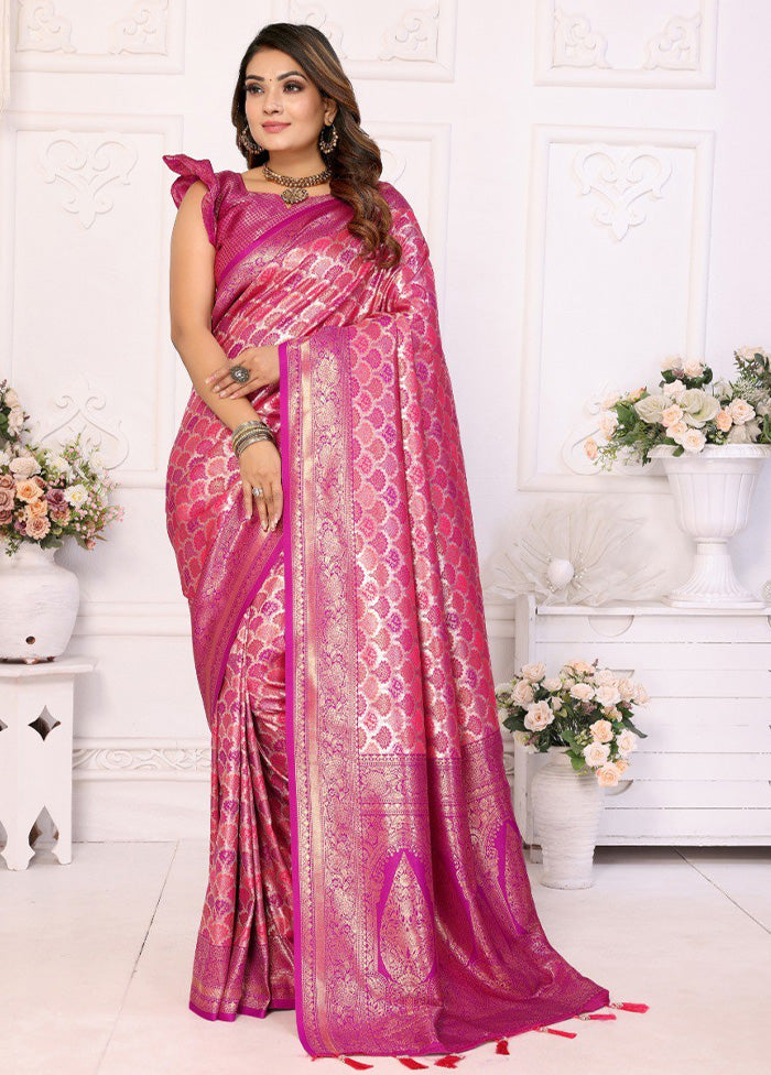 Pink Banarasi Silk Saree With Blouse Piece