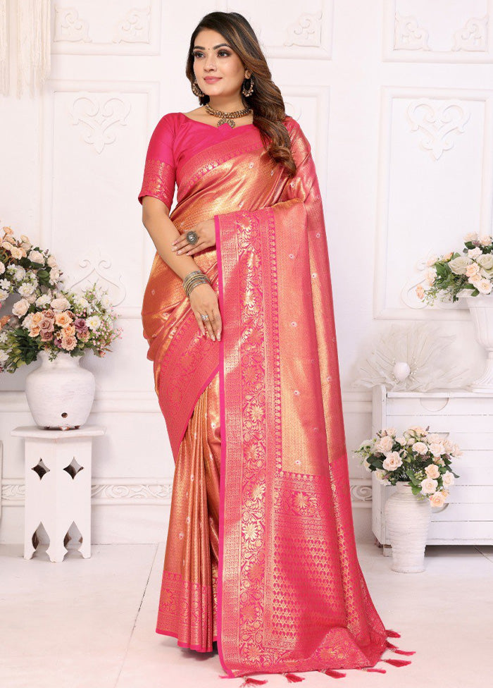 Pink Banarasi Silk Saree With Blouse Piece