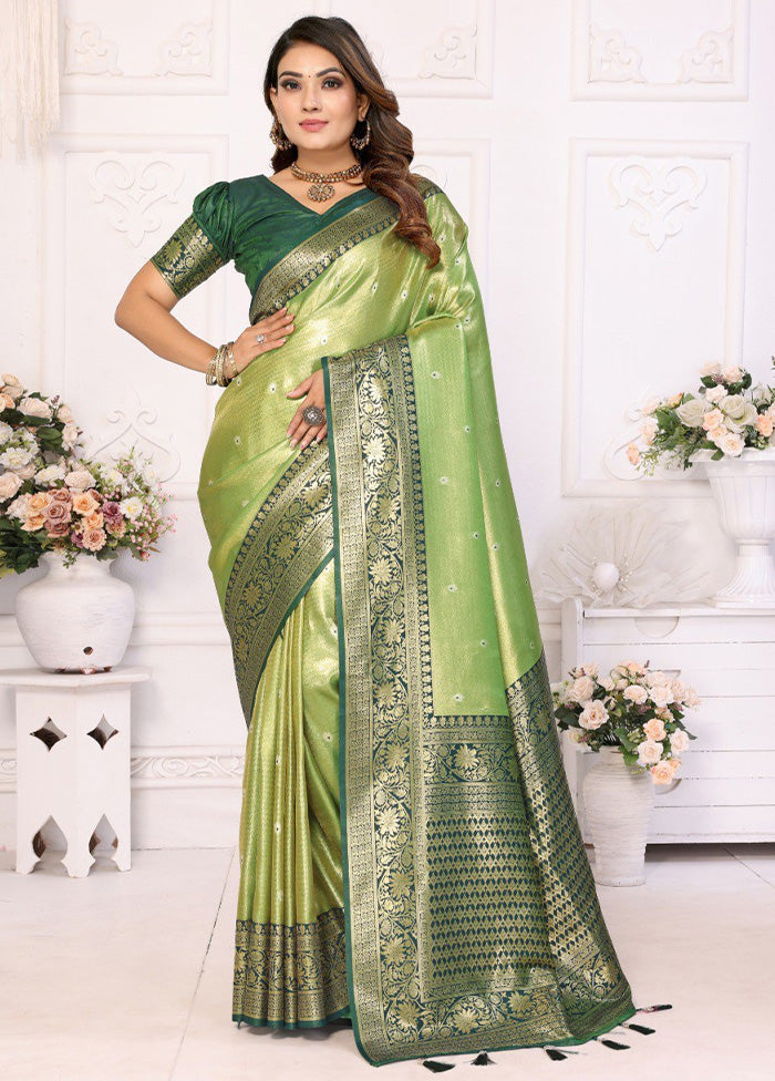 Pista Green Banarasi Silk Saree With Blouse Piece