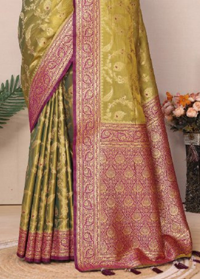 Mehendi Green Spun Silk Saree With Blouse Piece