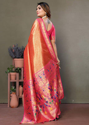 Dark Peach Banarasi Silk Saree With Blouse Piece