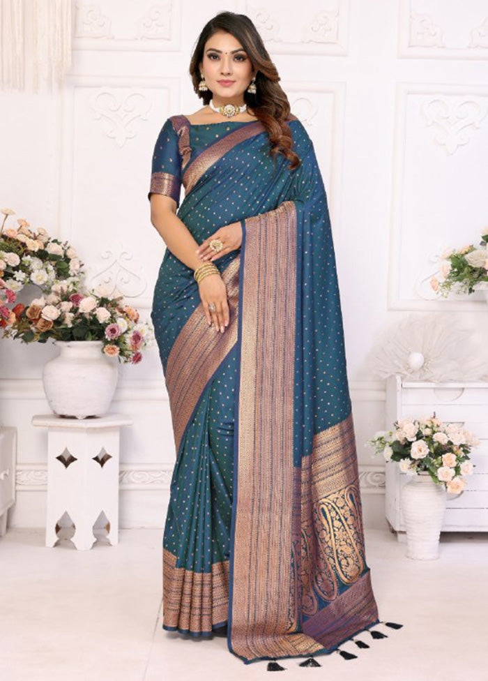 Teal Spun Silk Saree With Blouse Piece