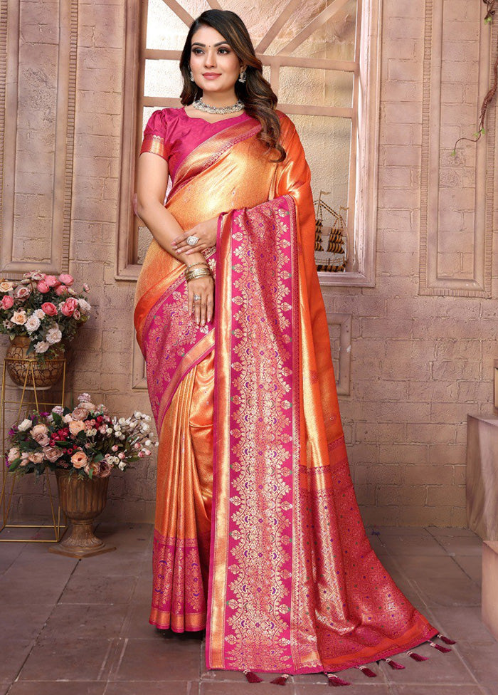 Orange Banarasi Silk Saree With Blouse Piece