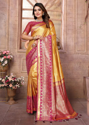 Yellow Banarasi Silk Saree With Blouse Piece