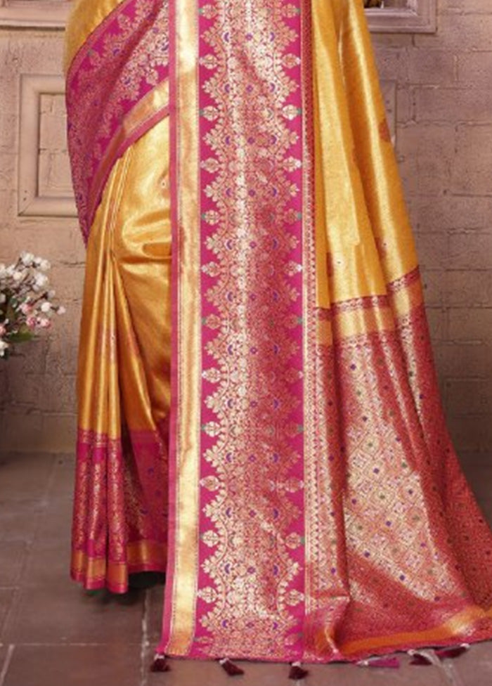 Yellow Banarasi Silk Saree With Blouse Piece