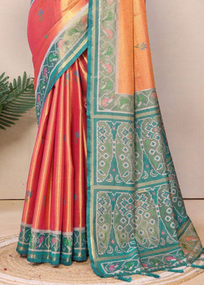 Dark Peach Banarasi Silk Saree With Blouse Piece