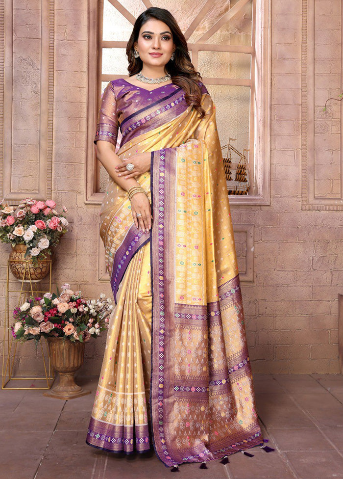 Golden Banarasi Silk Saree With Blouse Piece