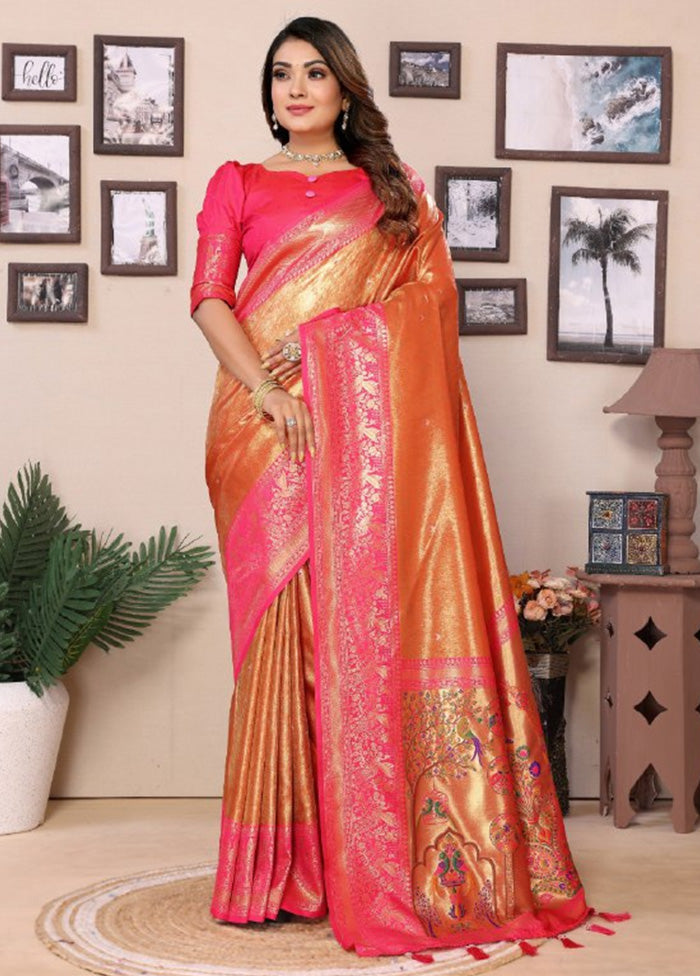 Orange Banarasi Silk Saree With Blouse Piece