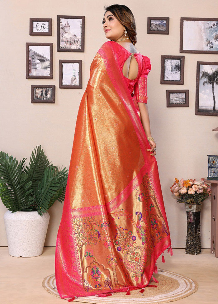 Orange Banarasi Silk Saree With Blouse Piece