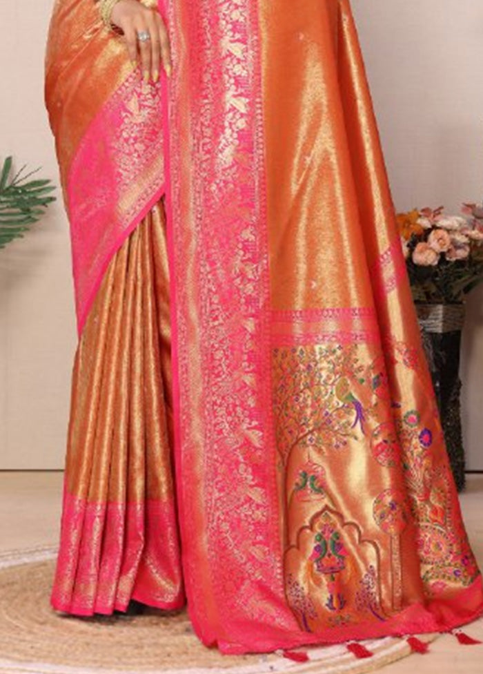 Orange Banarasi Silk Saree With Blouse Piece