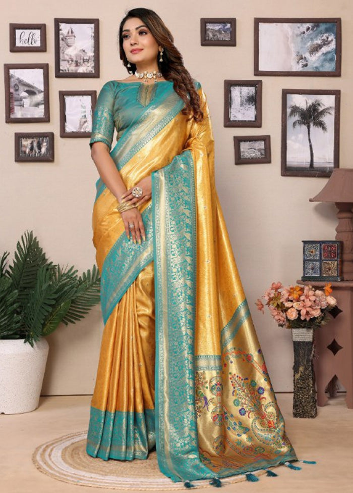 Yellow Banarasi Silk Saree With Blouse Piece